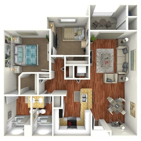 Floor plan for 2 beds, 2 baths, 996 sqft